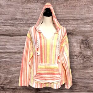 Southern Spirit Baja Style Hoodie Terry Pullover Stripped Coral Multi XL